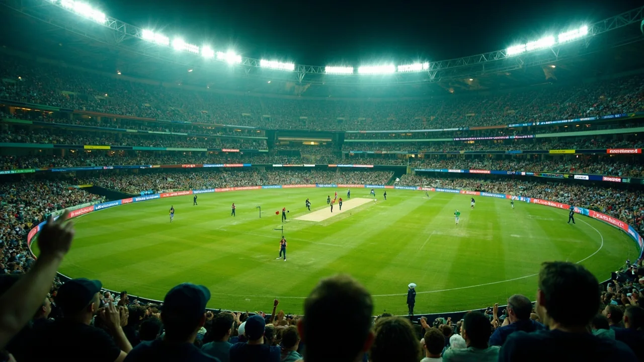 Stadium view during a Hundred match under floodlights