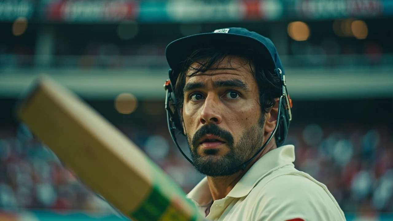A cricket batsman in mid-drive during an evening match, the ball trailing from the bat.