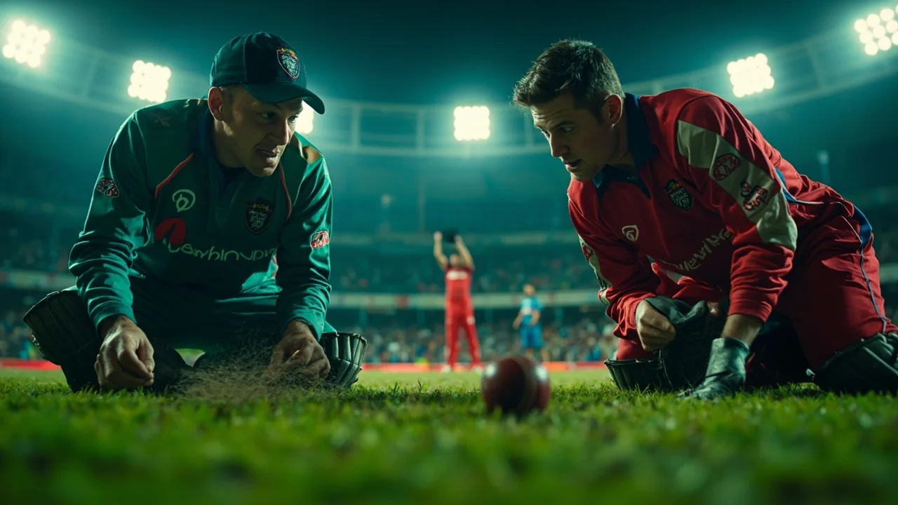 A cricket fielder setting a position near the boundary rope while a batter prepares at the crease.