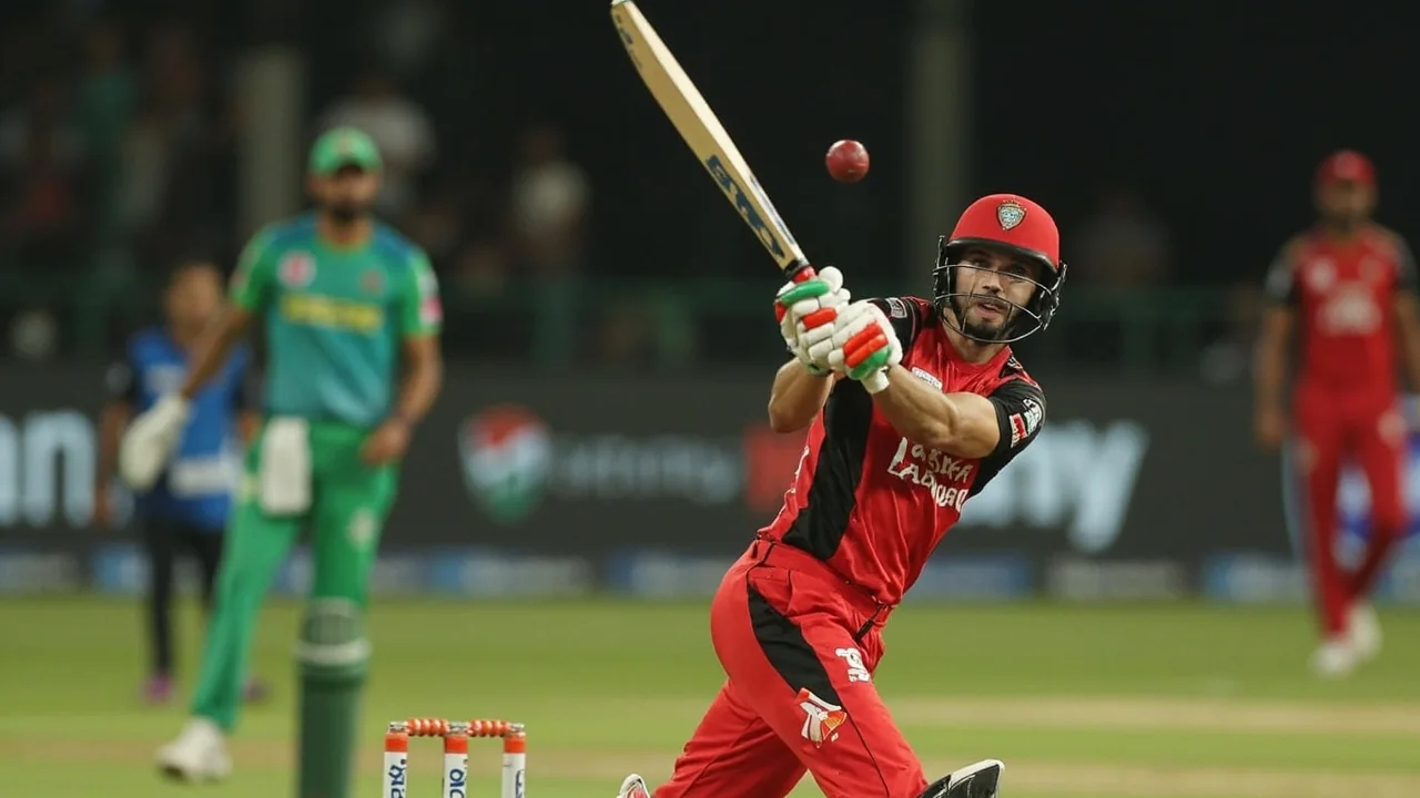 A bowler in delivery stride with a batter playing on the leg side during a Twenty20 fixture at Providence Stadium, with fielders in motion behind.
