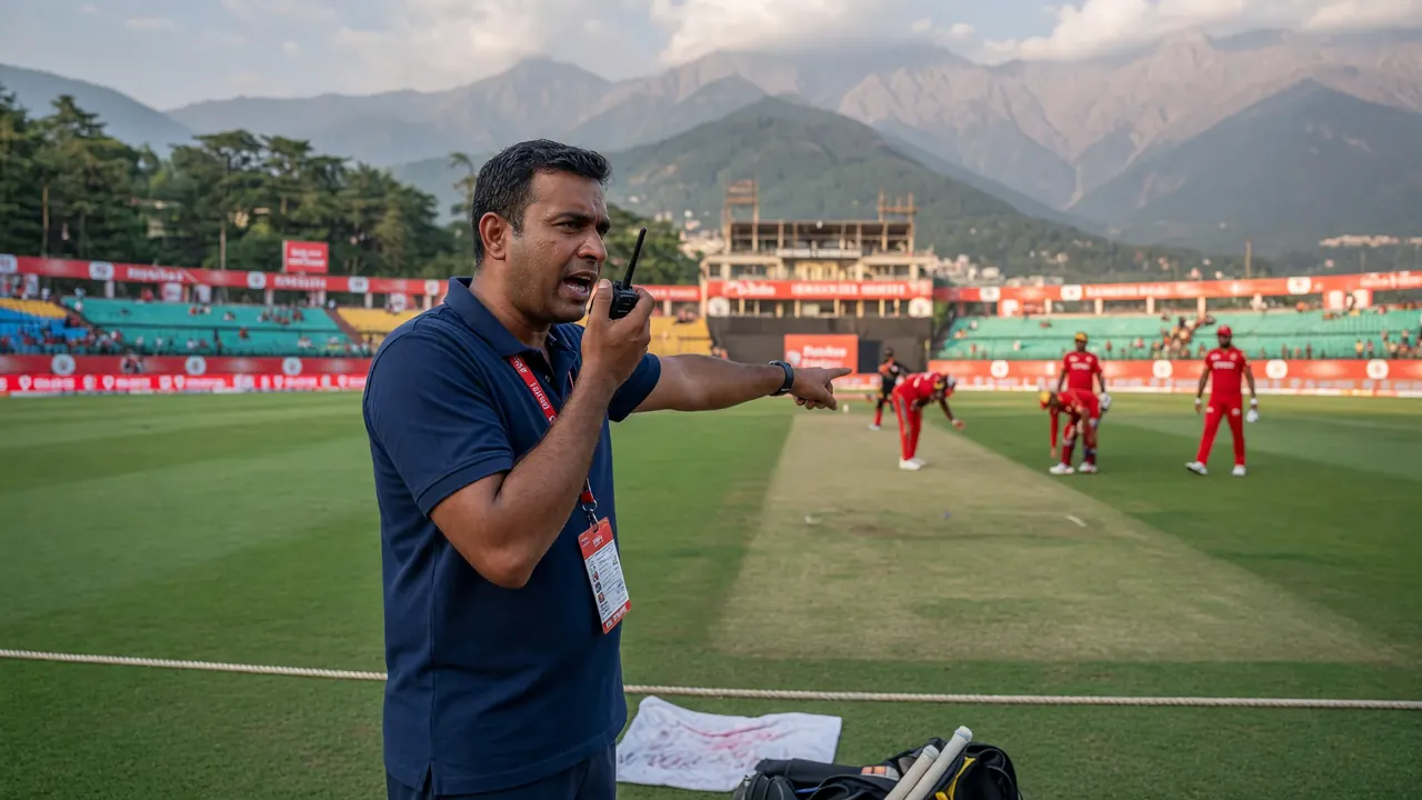 A batter in a red kit driving through the off side during a day match, with a close fielder reacting and the boundary rope blurred behind.