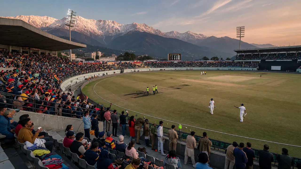 Wide afternoon view of a mountain-backed cricket stadium with a green outfield, pitch strip and packed lower stands.
