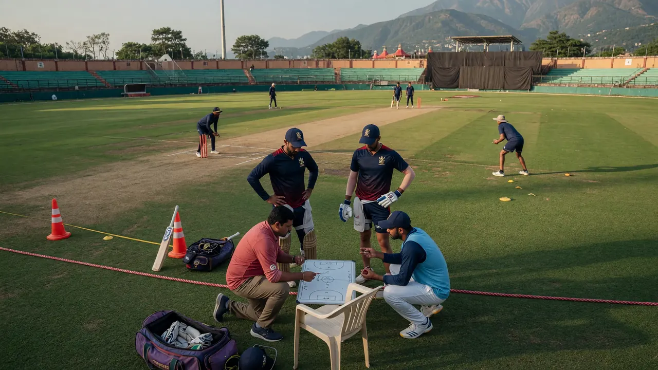 Fielders gathered in a tight ring on a sunlit outfield while a captain gestures toward a catching position near the pitch.