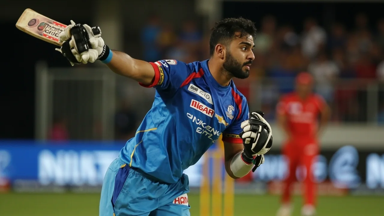A young Indian batter playing a horizontal-bat shot on the off side during an evening T20 international, with fielders in motion.