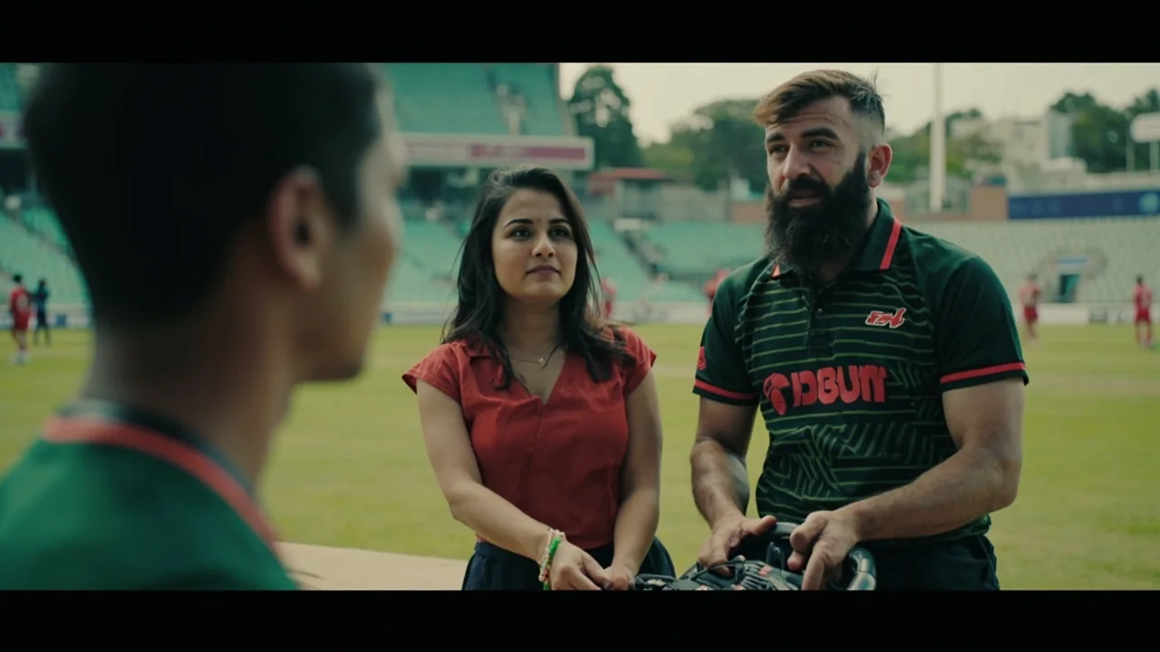 A pitch-side tactical view of a Harare Sports Club ODI with field placards, a captain gesturing field changes and batsmen conferring mid-pitch.